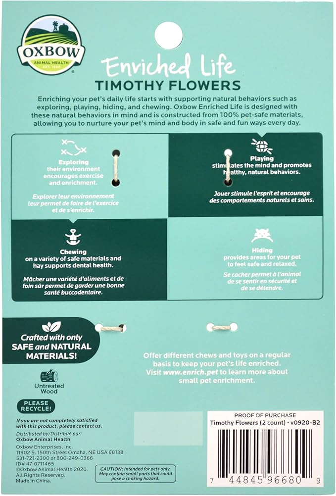 Oxbow Enriched Life Timothy Flowers, Natural Timothy Hay Chew for Rabbits, Guinea Pigs, and Hamsters, Promotes Dental Health, Safe Chewable Accessory for Playtime and Foraging, Small Pet Toy