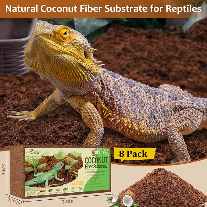 Riare 8 Pack Natural Coconut Fiber Substrate, Coco Coir Reptile Bedding | Coconut Husk Reptile Substrate for Tortoises, Hermit Crabs, Snakes, Bearded Dragon, Geckos, Reptile Enclosure/Terrarium Setup