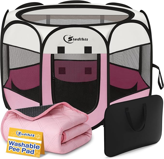 Siedihit Dog Cat Playpen, Puppy Pet Playpen Indoor for Dog Crate Tent Cage Outdoor, Portable Pop Up Dogs Enclosure Kennel with Carrying Case for Dogs/Cats/Rabbits (Pink with Pad, Medium)