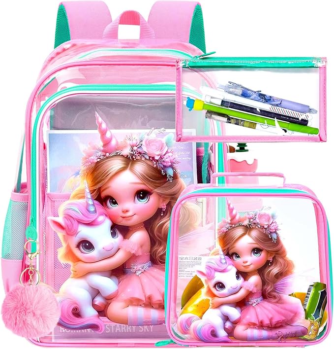 Clear Backpack for Girls and Boys, Kids Transparent Bookbag, 3PCS Cute See Through School Bag for Elementary Prechool