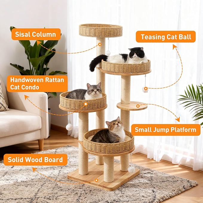 Modern Cat Tree for Indoor Cats Large Adult, 54''Tall Cat Tower with Scratching Post, Wood Cat Tree for Large Cats with Multi-Levels, 4 Weaving Washable Handwoven Rattan Cat Condo