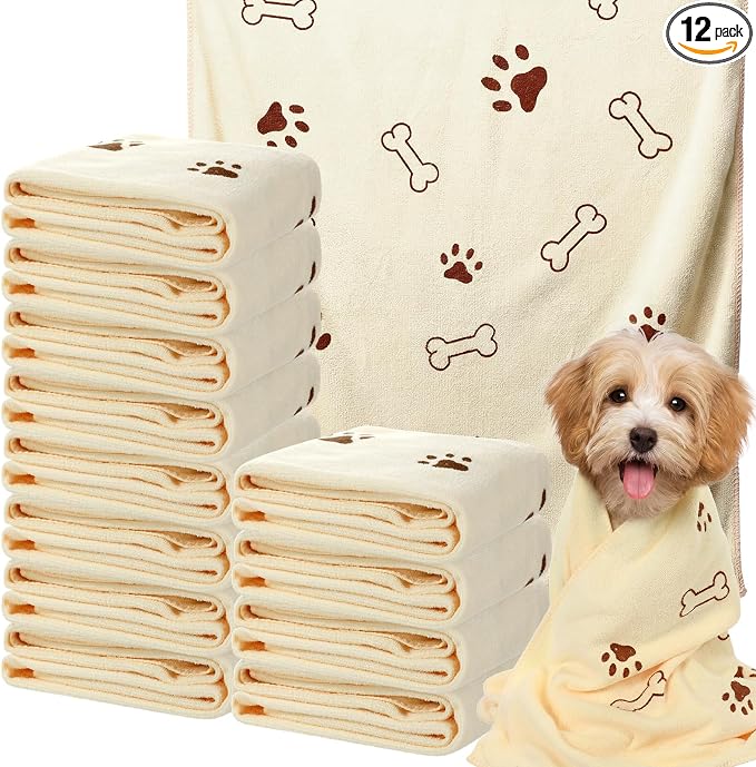 Irenare 12 Pack Dog Bath Towel Set 20'' x 39'' Microfiber Towels for Drying Dogs, Dog Drying Grooming Towel Absorbent Quick Soft Cat Shower Essential for Small Medium Puppy Pet (Beige)