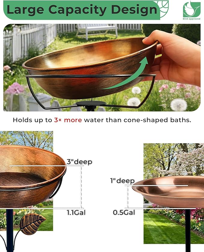 Metal Bird Bath for Outside, 3" Deep 12" Dia Removable Bowl, 36" H Garden Bird Bath | Stable 5-Prong Stake, Rust-Resistant, Easy Clean Outdoor Birdbath for Yard Lawn Patio