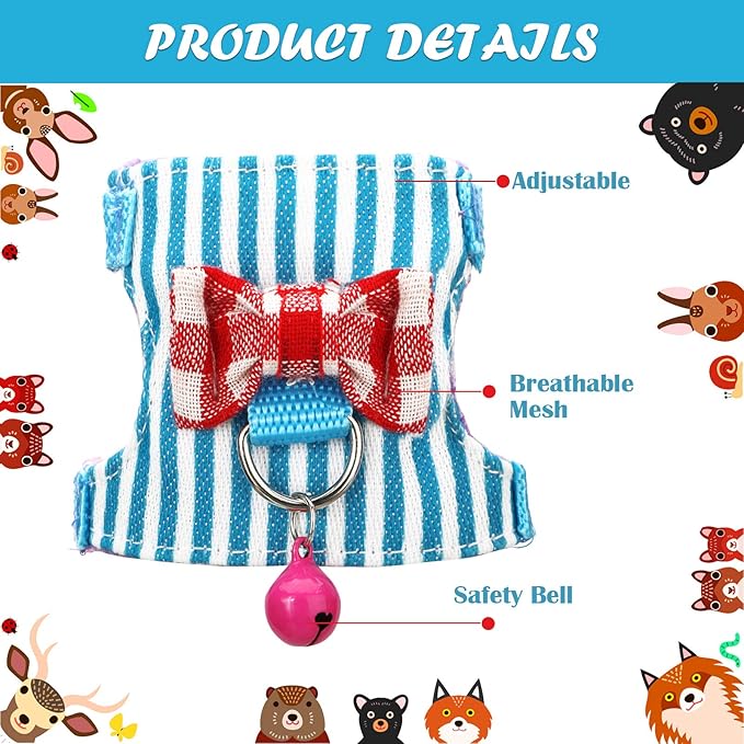 SATINIOR 2 Pieces Small Hamster Harness and Leash Set, Ferret Guinea Pig Clothes with Bowknot and Bell Decor, No Pulling Comfort Padded Vest Striped for Rats Bunny Rabbit Small Animals(M,Pink, Blue)