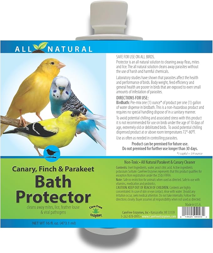 Care Free Enzymes Canary, Finch & Parakeet Bath Protector, 16 oz, Gentle Bird Bath Additive for Pet Birds, Helps Keep Bath Water Clean, Supports Feather Care, Safe for Small Pet Birds