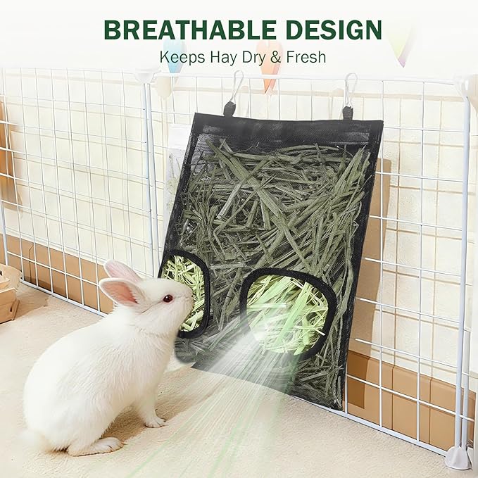 Mesh Guinea Pig Hay Feeder Bag for Guinea Pigs Rabbits Chinchillas, Hanging 2-Hole Hay Dispenser Breathable Wear-Resistant (Black)