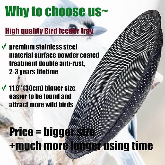 CQAIRIOU Premium Deck Railing Bird Feeder Tray for Balcony,11.8" Stainless Steel Large Platform Bird Feeder Mesh Seed Tray for Outside Wild Birds,Great Decoration for Garden Backyard