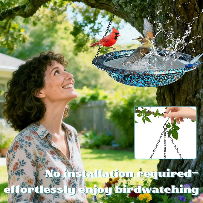Hanging Bird Bath for Outside 11.4 inch Birdbath Bowl with Rust-Proof Black Chains Hooks Metal Hanging Window Bird Feeder for Outdoor Garden Decor (Blue Mix Copper Color)