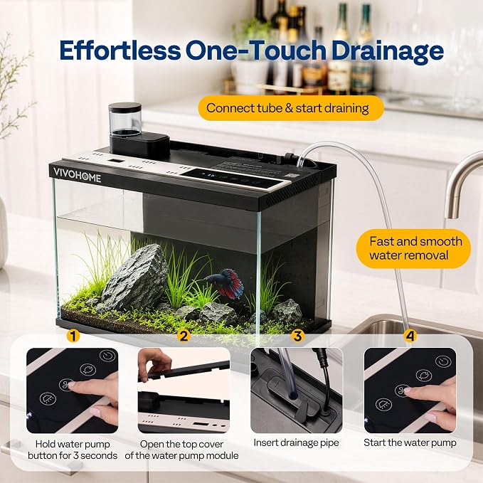 VIVOHOME 5 Gallon Smart Fish Tank with APP Control and Auto Feeder | Aquarium Starter Kit with Filter and Pump, Temperature Display, RGB LED Light, Self Cleaning Betta Fish Tank for Desktop