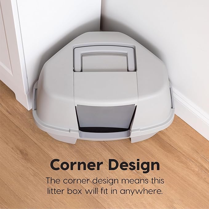 IRIS USA Cat Litter Box - Enclosed Corner Litter Box with Scoop, Hooded Litter Tray for Corners, Space-Saving Covered Litter Box, Odor Defensive, Gray