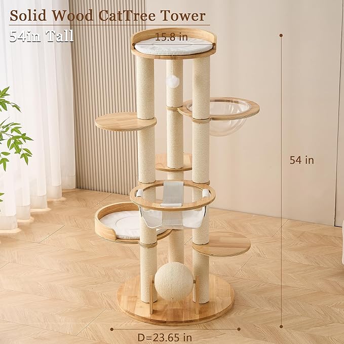 Modern Cat Tree Tower with Scratching Post for Indoor Cats Large Adult, 54 inch Tall Solid Wood Multifunctional Cat Tree Tower with Bed, Dangling Ball, Space Capsule, Scratcher Ball, Multiple Cats Use