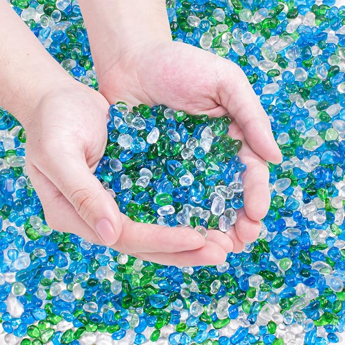 Keedolla 2 lbs/900g Aquarium Glass Pebbles Stones Fish Tank Rocks Gravel, Green Mix Glass Gemstones Fish Bowl Rocks for Vase Fillers, DIY Crafts, Home Decor - 6-9mm