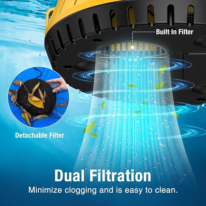 Crestwave Automatic Pool Cover Pump, 115V Submersible Water Pump for Pool Draining, 25FT Power Cord, 1-Year Warranty, Water Removal for Swimming Pool, Hot Tub, Fish Tanks, Pond, 2 Adapters, Yellow