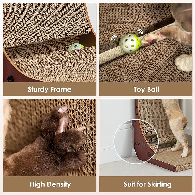 EHEYCIGA Cardboard Cat Scratcher for Indoor Cats, 26.8 Inch L Shaped Vertical Cat Scratching Board with Ball Cat Toy, Large Cat Scratcher Pad, Dark Brown