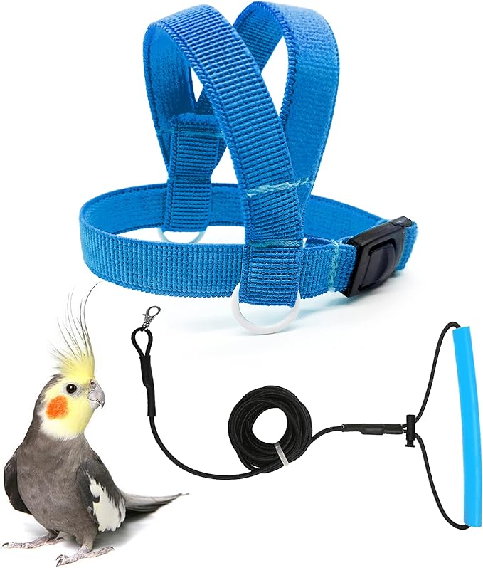 VANFAVORI Bird Harness with Buckle Clip and A Leash Rope,Easy to Wear Outdoor Flying Kit for Bird Parrots Cockatiel S Size Weight 85-105 Grams,Blue