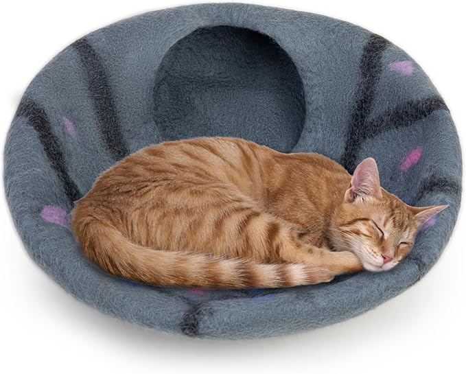 Woolygon Premium Felt Cat Cave Bed – Wool Kitty Beds Handcrafted Kitten Caves Bed for Indoor Cats - Made from Merino Wool, Foldable Cat Hideaway Covered Cat House Pod (Enchanted)
