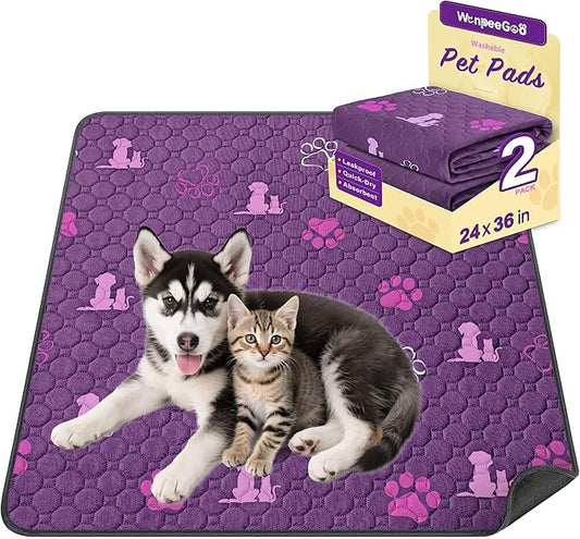 WanpeeGoo Washable Pee Pads for Dogs Mat, 2 Pack Absorbent Reusable Training Dog Pads Pet Puppy Pads, Non-Slip Potty Pads for Whelping, Playpen, Crate, Bed, Purple 24"x36"