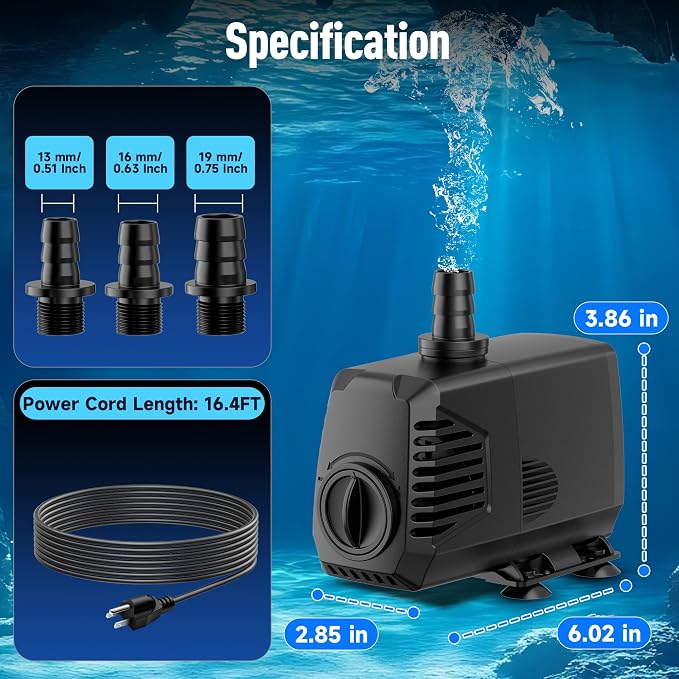 680GPH Submersible Water Pump, Water Fountain (2400L/H, 55W) with 8.5FT High Lift Adjustable & 3 Nozzles & 16.4FT Cord, Ultra Quiet Aquarium Pump for Pond Fountain Waterfall Hydroponics-Q104