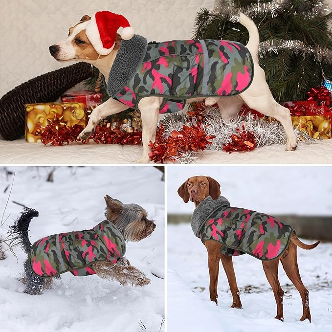 Dogcheer Warm Dog Coat, Waterproof Dog Jacket Reflective Adjustable Puppy Winter Coat with Buckle, Christmas Pet Snow Jacket Turtleneck Fleece Sweater for Small Medium Large Dogs - Camo Pink, 3XL