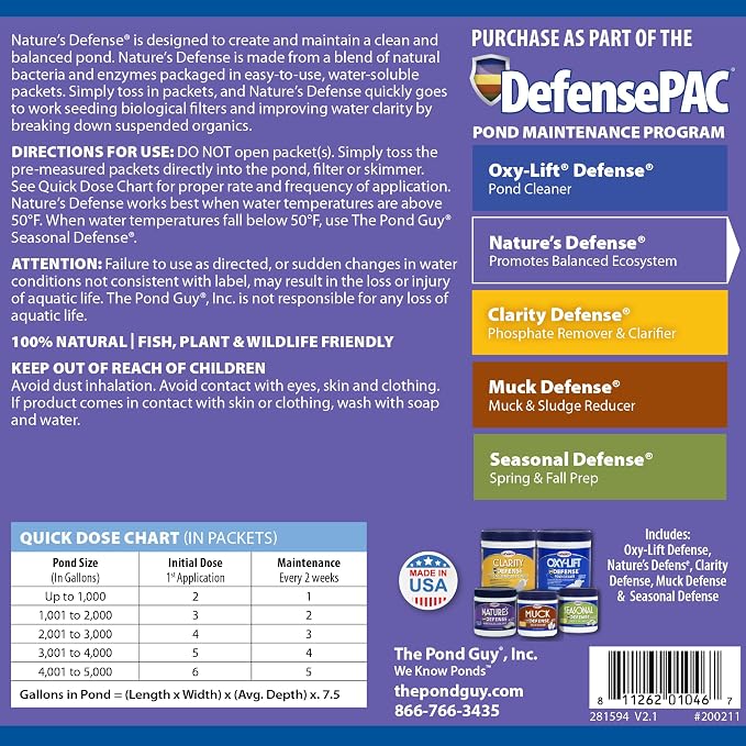 The Pond Guy Nature's Defense Beneficial Bacteria Treatment, 24 Packets | Natural bio cleaner and clarifier for water gardens; koi fish, plant and pet safe