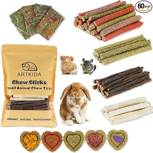 70PCS Rabbit Bunny Guinea Pig Chew Toys Treats, Chinchilla Hamster Chews Toys for Teeth, Timothy Hay Chips Treats Sticks for Rabbit Guinea Pig Chinchilla Hamster Rat