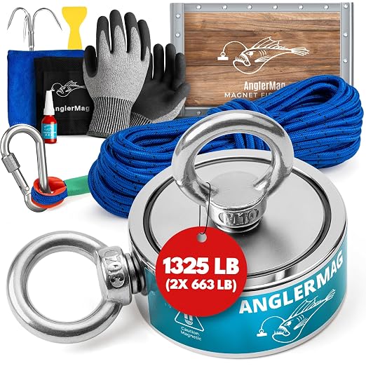 AnglerMag™ Magnet Fishing Kit - 1325 lbs Double Sided Neodymium Magnetic Fishing Stuff with Rope - 10 PCS Extra Strong Complete Gift Set with eBook, Carabiner, Gloves, Grappling Hook & Carrying Bag