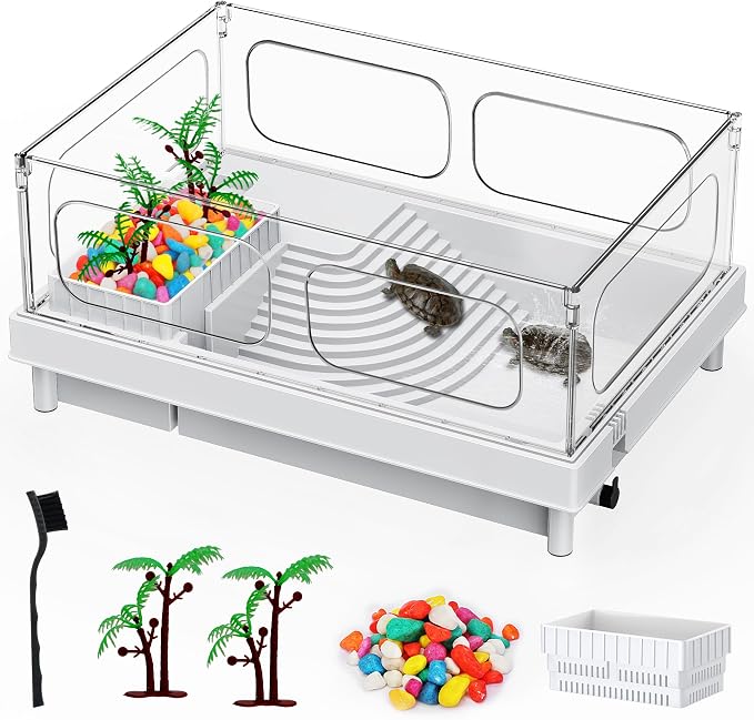 Small Turtle Tank for Baby Turtles with Basking Platform and Bottom Drain | White Clear-Panel Habitat, Lightweight Starter Aquarium for Red-Eared Sliders, Crabs and Small Reptiles