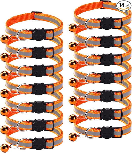 14 Pack Breakaway Cat Collar with Bell, Reflective Kitten Collar for Girl Boy Cats, Safety Buckle Adjustable 7.5-12.5 Inch, 0.4 Inch Width Lightweight, Pet Gifts (Orange)