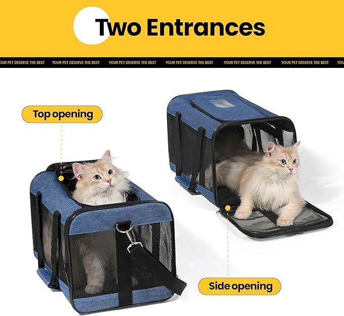 Conlun Cat Carrier Airline Approved, Soft-Sided Dog Carrier with Inner Safety Leash, Pet Transport Carrier for Small-Medium Cats Puppies up to 15 Lbs, Collapsible Travel Kitten Carrier Bag -Blue M