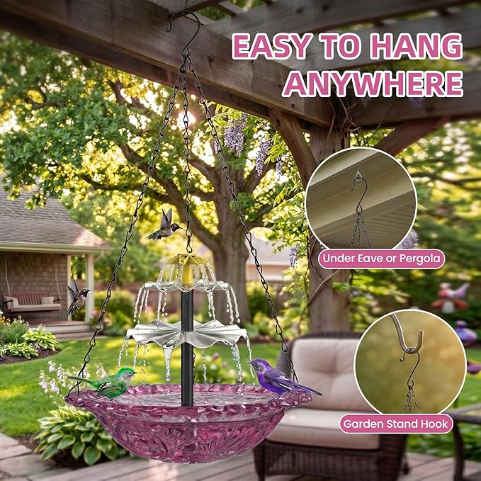 Solar Fountain for Bird Bath, Hanging Cascade Water Feature for Outdoor Garden & Yard Decor, Creates a Relaxing Flow that Attracts Birds (Purple(XL))