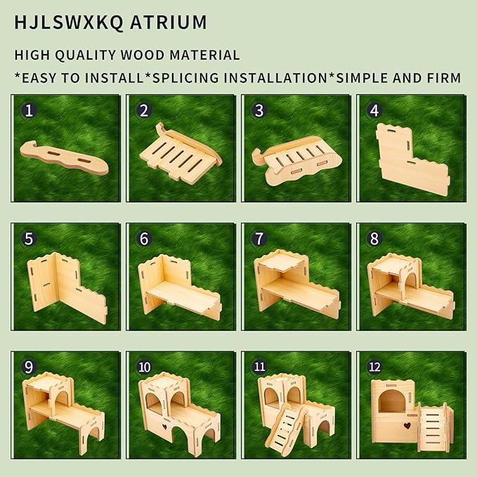 Natural Wood Hamster Habitat Hideout Cage Accessories, Maze Cabin with Fun Slide & Double-Decker House, Exercise Toys for Dwarf Hamsters, Gerbils, Mice,Other Small Animals(Only for Small Hamster C)