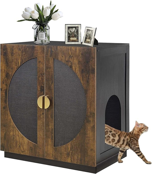 unipaws Tall Cat Litter Box Enclosure with Shelves, Hidden Litter Box Cover for Tall or Top Entry Litter Box, Kitty Enclosed Litter Box Cabinet, Cat Box Furniture, Rustic