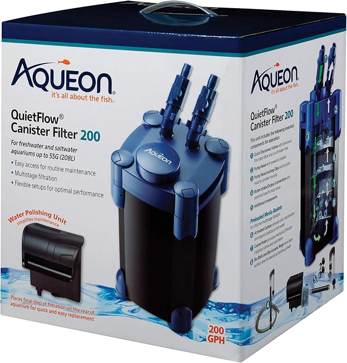 Aqueon QuietFlow Canister Aquarium Filter up to 55 Gallons | 55 gallon fish tank filter with biological, chemical and mechanical stages, spray bar and polishing unit