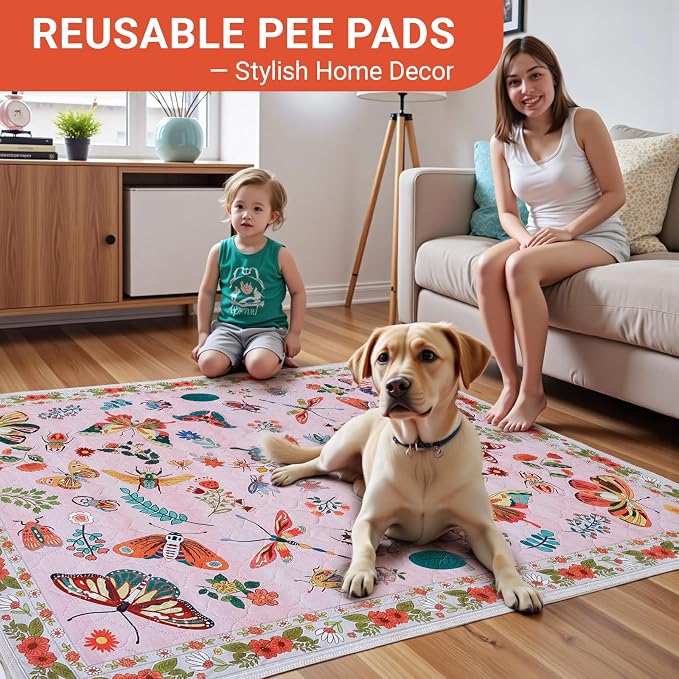 Pink Washable Pee Pads for Dogs and Cats, 2 Pack 40"x26" Spring Absorbent Reusable Puppy Pads for Potty Training, Waterproof Non-Slip Leakproof Whelping Pet Mat for Crate, Playpen, Kennel & Floor