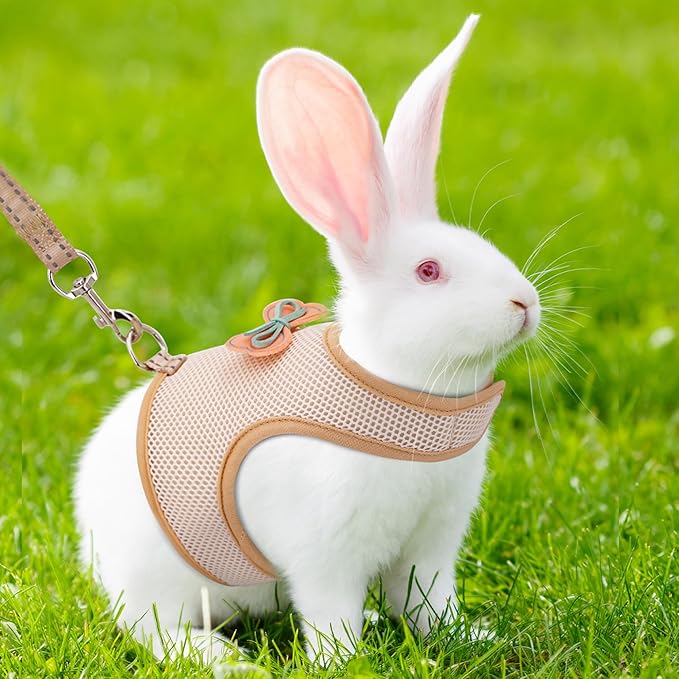 AIITLE Soft Breathable Bunny Harness Set - Escape-Proof Adjustable Vest, Lightweight Reflective Leash for Running, Hiking - Fits Rabbits, Guinea Pigs, Kittens Beige S