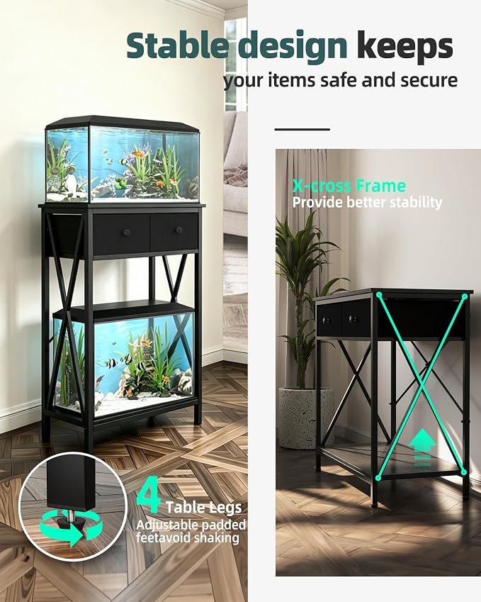 Fish Tank Stand with Drawer, 5-10 Gallon Aquarium Stand Easy Assemble | Stable Metal Frame, 2-Tier Breeder Reptile Turtle Terrarium Table Fits Office Home, 19.4"x11" MDF Tabletop, 220 lbs Capacity