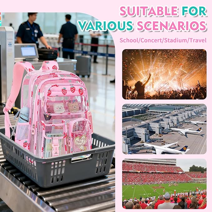 Clear Backpack for School,Transparent Backpack Stadium Events,Heavy Duty Clear Bookbag for Girls,Boys,Work,Sport Pink Strawberry