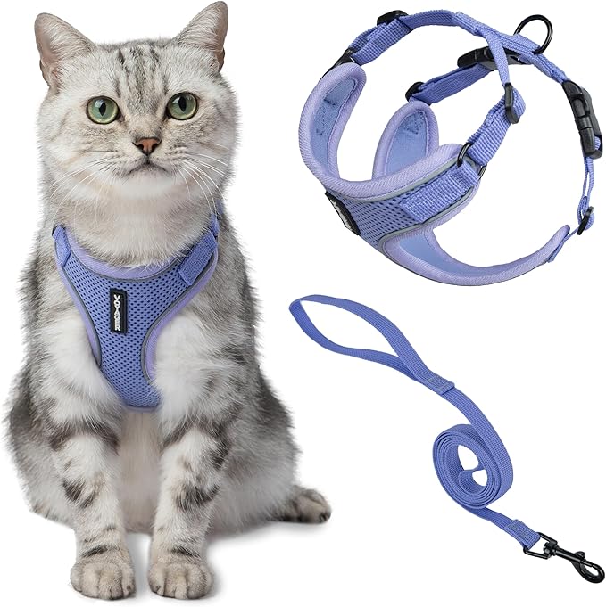 Voyager Escape-Proof Step-in Lock Cat Harness & 5ft Neoprene-Handle Leash Set All-Weather Mesh with Reflective Stitching for Small to Large Cats by Best Pet Supplies, Lavender (327), S