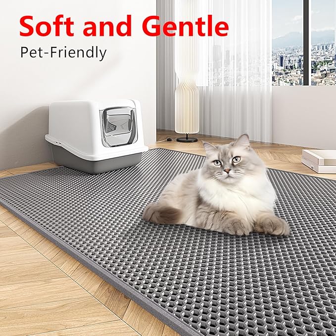 Waretary Cat Litter Box Mat: 47"x 36" Waterproof Kitty Cat Litter Trapping Mat, Easy-clean Double-layer Scatter Control Pad Rug(Grey)
