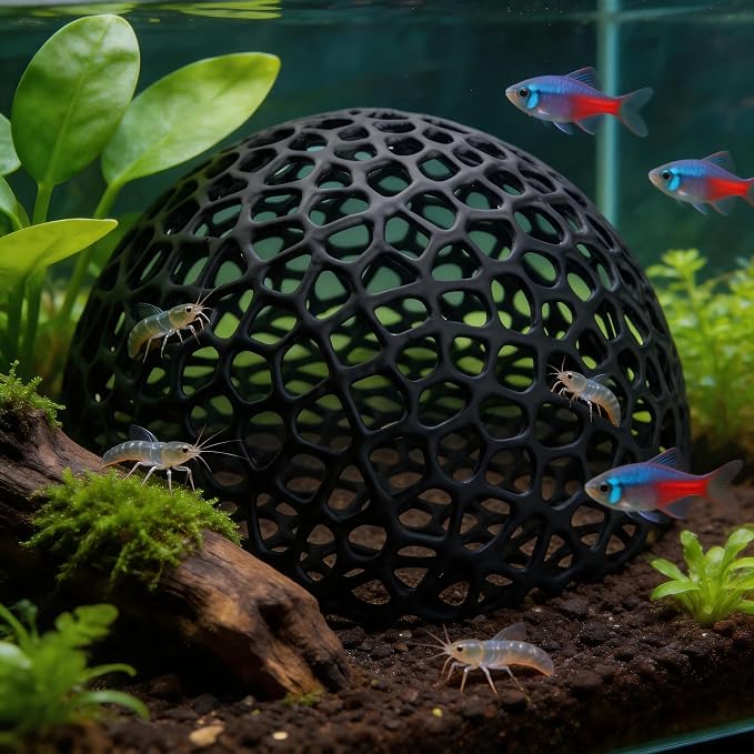 JIJI&ZEZE Anti-Predation Shrimp Hideout Dome, Black Honeycomb Lattice Aquarium Shelter Cave, Breeding & Molting Hideaway for Small Fish, Shrimp Fry, Fish Tank Decor Ornament