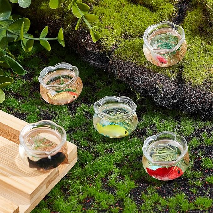SUNNYCLUE 5Pcs 5 Styles Miniature Fish Tank Dollhouse Fish Bowl Plastic Simulated Round Goldfishes Grass Bowls Tanks Mini Display Decorations Accessories for Desktops Garden Scene Decors DIY Crafts