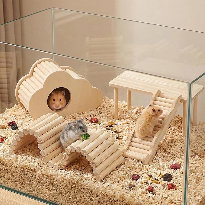 4 Pcs Hamster Platforms Wooden Ladder Bendy Bridge Fence Hidden Play House Hamster Game Climbing Toy with Platform Decor Cage Accessories for Dwarf Syrian Mice Degus Gerbils Squirrel Small Pets
