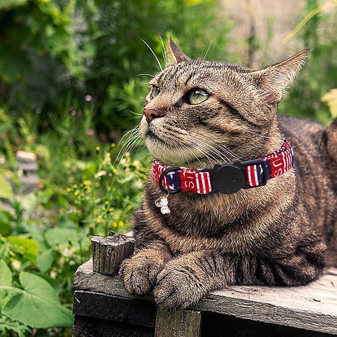 Elegant little tail Independence Cat Collar- 2 Pack Flag Print Cotton Breakaway Cat Collars with Bell Pendant Kitten Boy Girl Safety Adjustable Collar for Small Cats Puppy