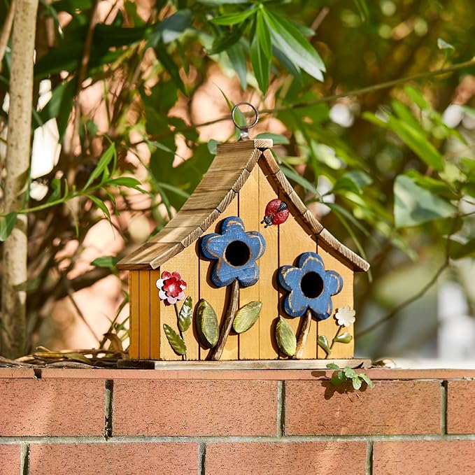 Glitzhome Bird Houses for Outside, 10.75" L Distressed Solid Wood Hanging Birdhouse with 3D Flowers Rustic Two-Story Townhouse Hand-Painted Garden Bird Houses for Outdoors,Washed Yellow