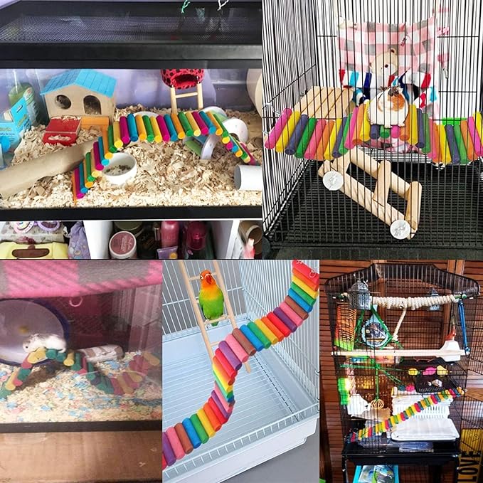 2Piece Hamster Colorful Bridge,Flexible Bendy Climbing Ladder Hanging Wooden Stairs Chew Toy for Bird Parrot Chipmunk Sugar Glider Gerbil Mice