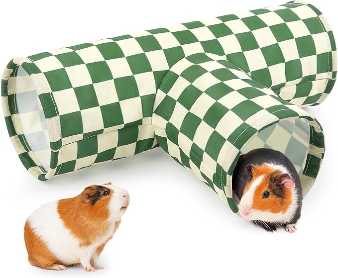 Bienbee Guinea Pig Tunnel, 3 Way Washable Guinea Pig Hideout,Foldable Rabbit Tunnel Guinea Pigs Toys for Bunny Hamster Chinchilla Ferret Rabbit Guinea Pigs Accessories Green Checkerboard