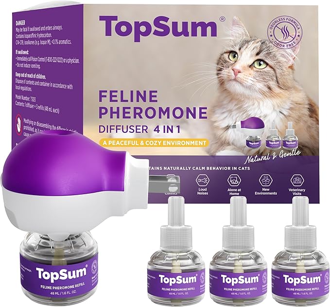TopSum Cat Pheromones Calming Diffuser: 1 Diffuser & 3 Refills Top Value Kit Cat Calming Diffuser – Helps Reduce Scratching Peeing Meowing Hiding Urine Marking Aggression, New Version (Purple)