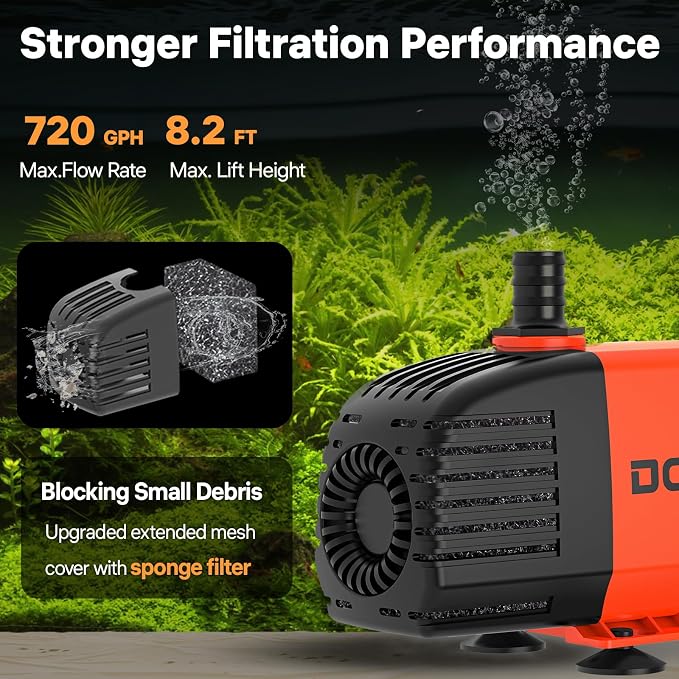 Doko Submersible Water Pump,720GPH Aquarium Water Pump with Extended Mesh Cover and Sponge,Ultra Quiet Pond Pump with 6Ft Power Cord for Fountains,Fish Tanks,Hydroponics,and Waterfalls