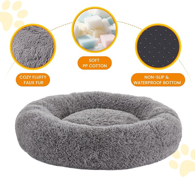 Calming Dog Beds for Large Dogs, Faux Fur Donut Cuddler Dog Bed, Round Fluffy Pillow, Washable Pet Bed for Dogs Up to 80Lbs, 36inch