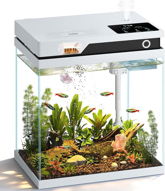 Vehipa Fish Tank, Smart Fish Aquarium Kit 4.2 Gallon with Auto Feeder, 4-in-1 Silent Pump, Adjustable Lighting, Temperature Display & Humidifier for Desktop, Office, Room